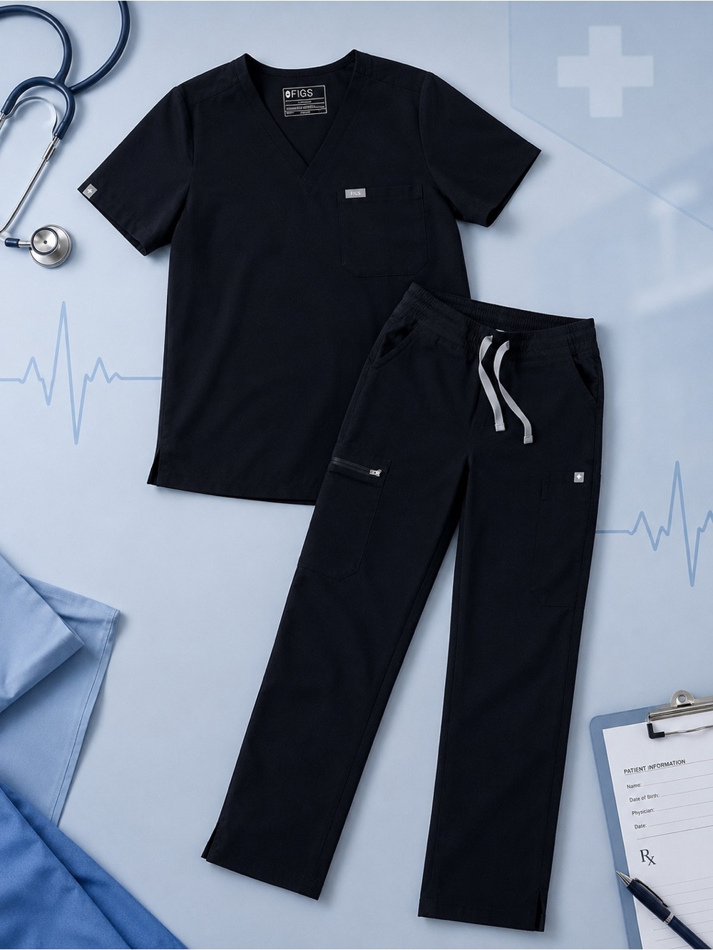 Figs Classic Black Casma Scrub Top and Yola skinny scrub bottom Drawstring Pants